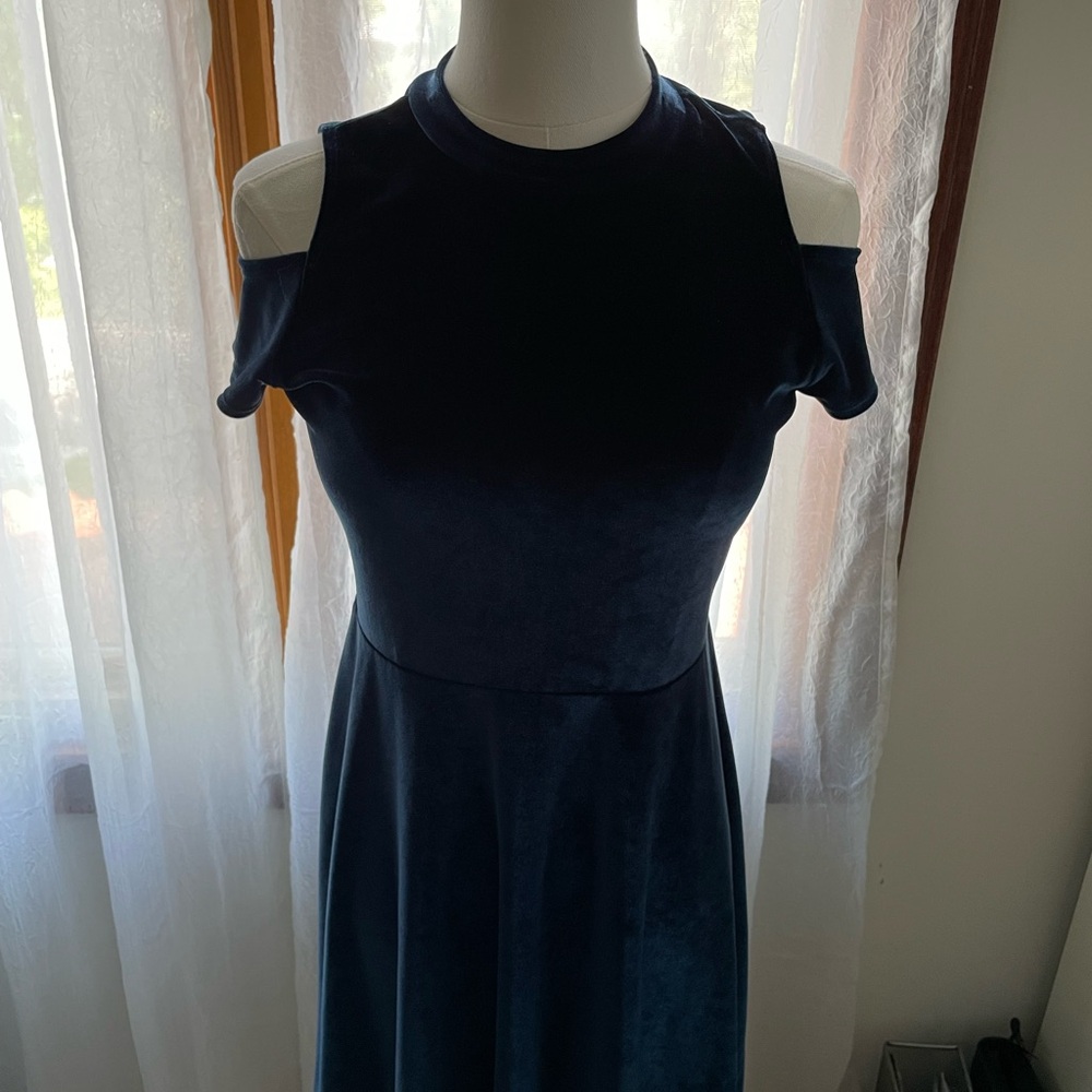 Ruby & Bloom Blue Cold Shoulder Fit and Flare Midi Dress